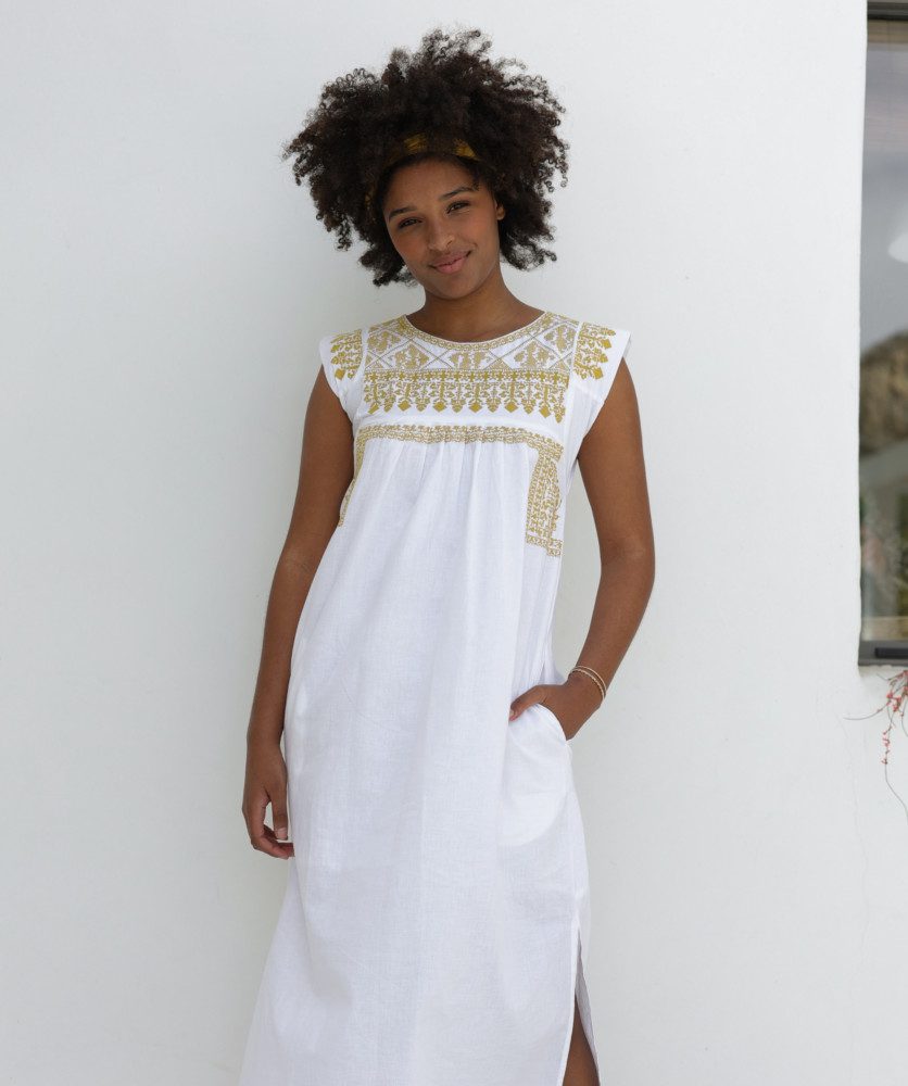 Robe Ysée Longue – Blanche x Broderie Curry