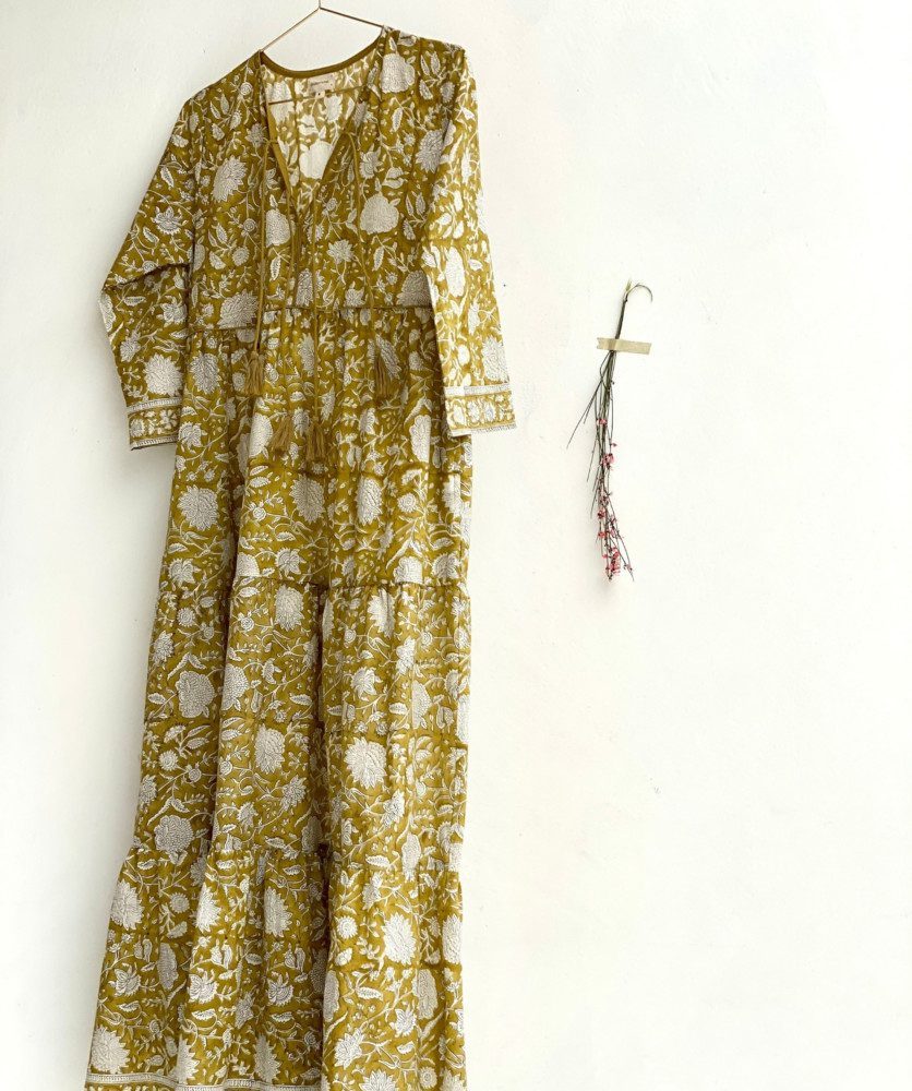 Robe Poème Longue – Imprimé Block-print Chanderi Safran
