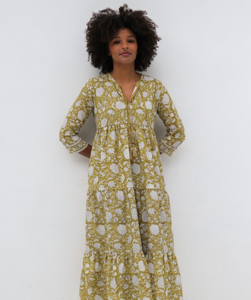 Robe Poème Longue – Imprimé Block-print Chanderi Safran