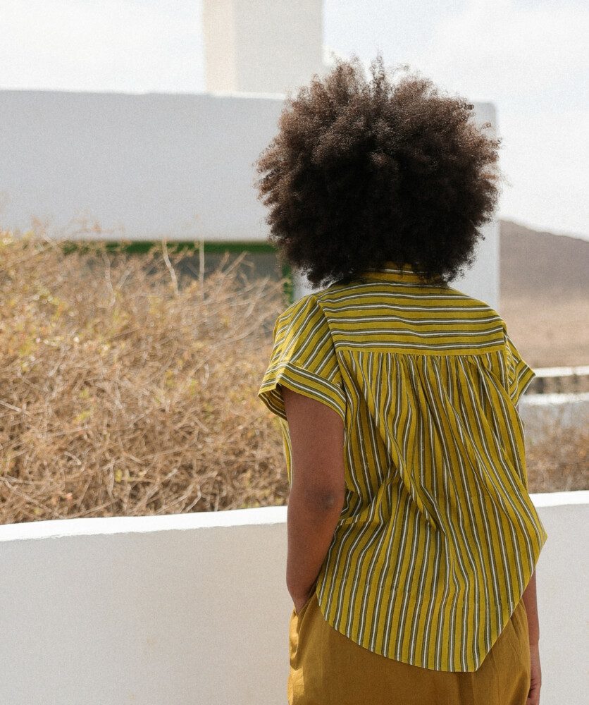 Blouse Sandra – Imprimée Block-print Rayé Olive & Yellow