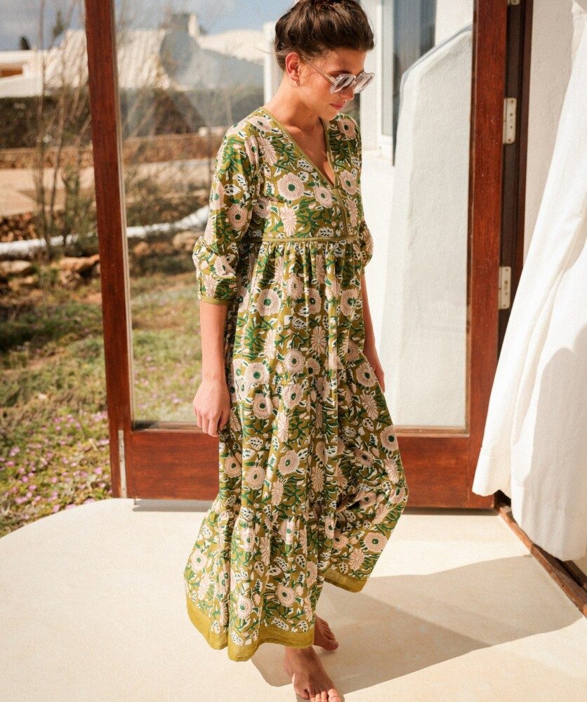 Robe Longue Priyanka – Imprimé Block-print Marisol Olive